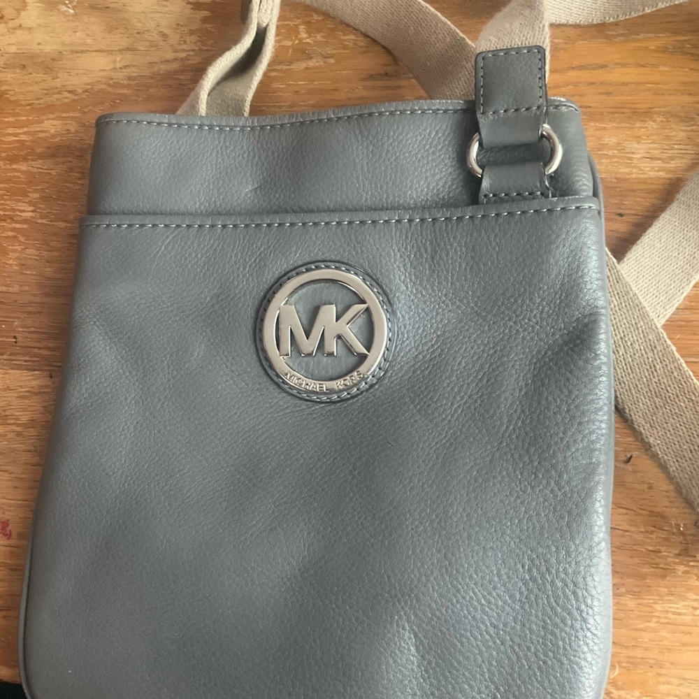 Michael Kors Slate Leather Crossbody with Silver Emblem